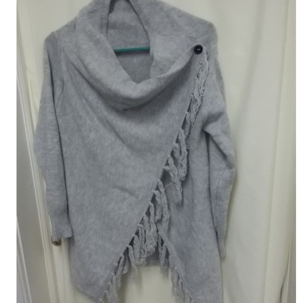 Gray Asymmetrical Fringe Wrap Cardigan Cowl Neck Button Sweater